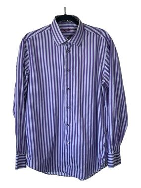 Robert Graham Purple and Grey Vertical Stripe Dress Shirt